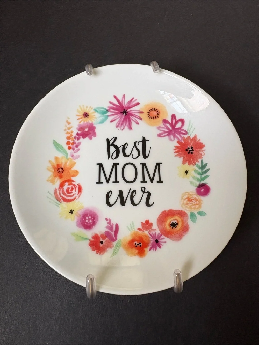 Paper Source Best MOM Ever Floral Accent Plate - White w/ Pink & Orange Flowers